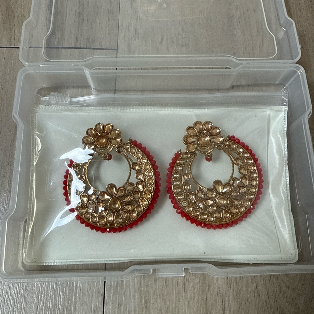 Red & Gold Enamel Chandbali Earrings with Pearl Drops – Festive Indian Jewelry